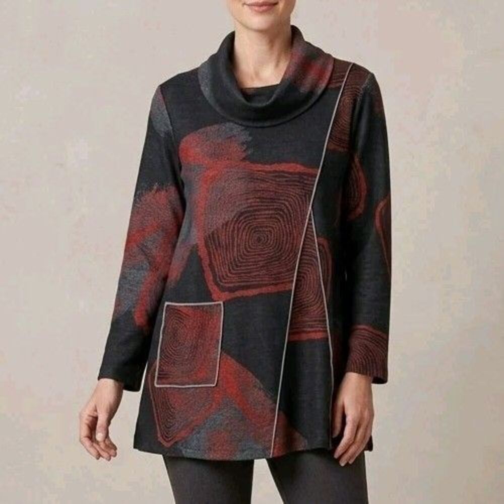 Ali Miles Black Red Artsy Soft Brushed Knit Cowl Neck Tunic Top - L